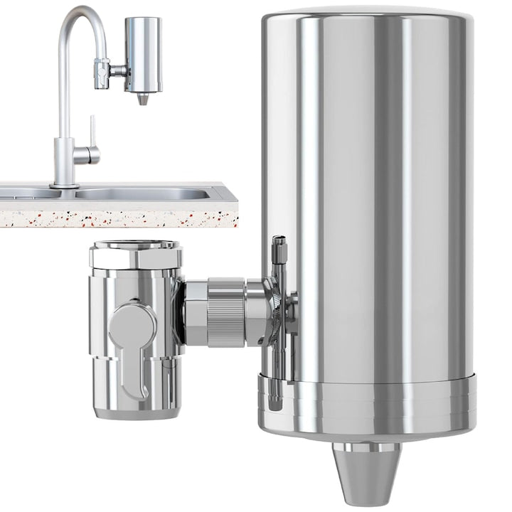 Filtru De Apa Potabila  Montare La Robinetul De La Chiuveta  Carbune Activ  Elimina Impuritatile  Metalele Grele  Trateaza Apa  Elimina Clorul  Purifica Apa  Otel Inoxidabil  Argintiu