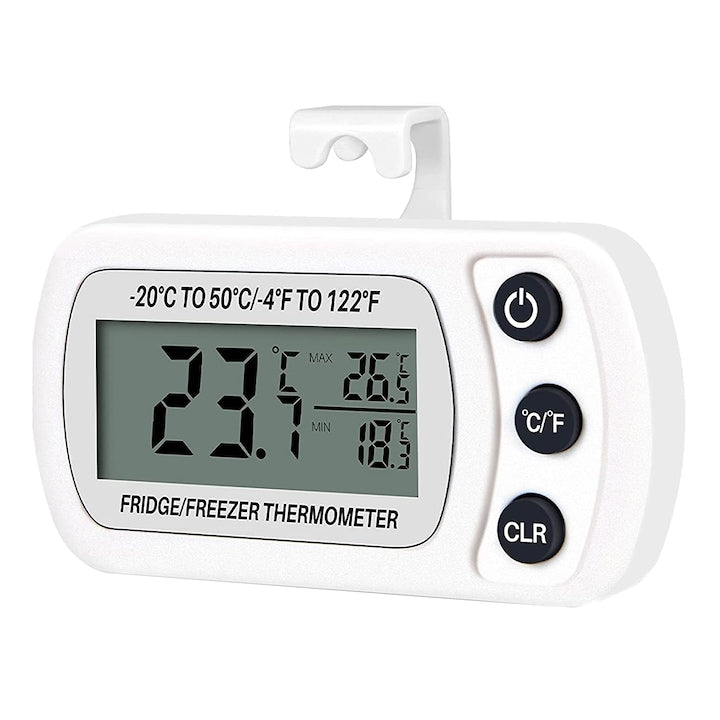 Termometru pentru frigider  LCD  cu carlig  inregistrari de temperatura minima si maxima  rezistent la apa  OUYLAF  Alb