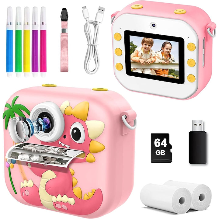 Aparat foto instant  Rqiurpn  Filmare HD 1080P  baterie 800mAh  card memorie 64 GB  functie de printare instant  un joc integrat  2 role pentru printare  Printare Termica  mod selfie  5 Carioci  Roz