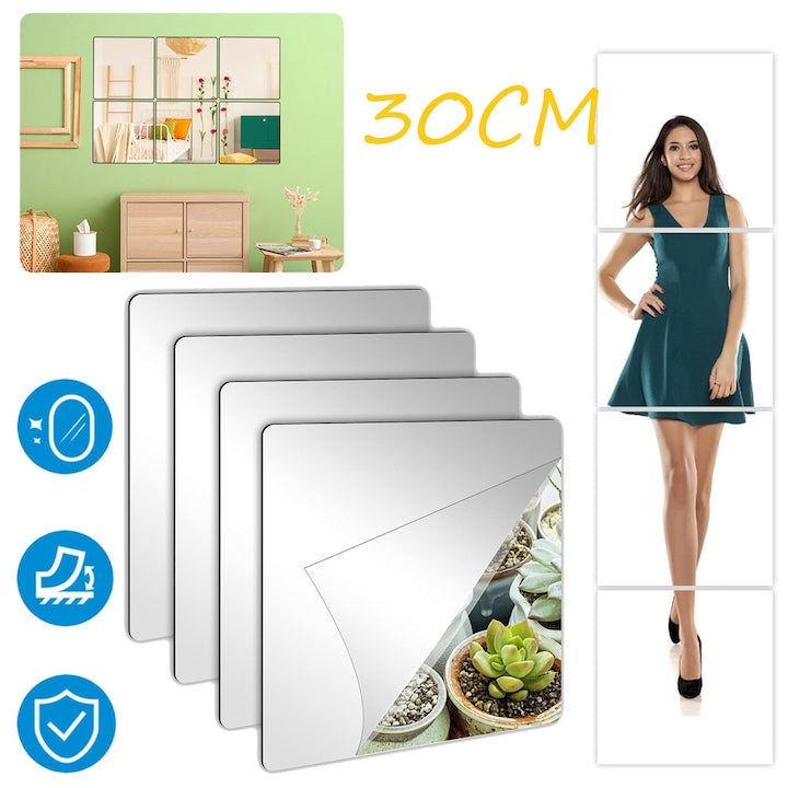 Set of 4 CHOOLY Self-Adhesive Mirror Tiles, 30x30cm, 1.5mm Thickness, Flexible, Acrylic