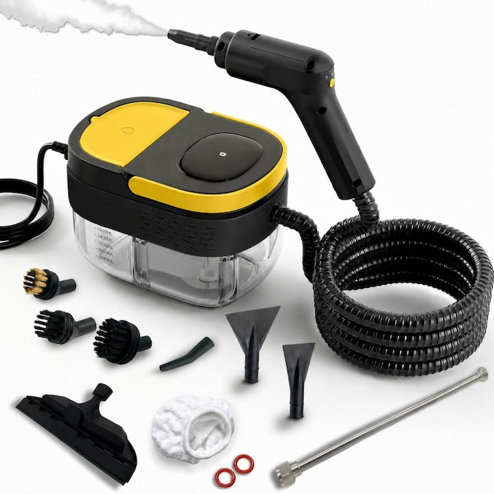 Aparat de curatat cu abur portabil  3 Bar  rezervor de 1600 ml  Afisaj digital  Maner de abur reglabil cu 3 viteze  16 accesorii incluse  pentru podele  baie  bucatarie  ferestre  masina  perdele  Negru si Galben