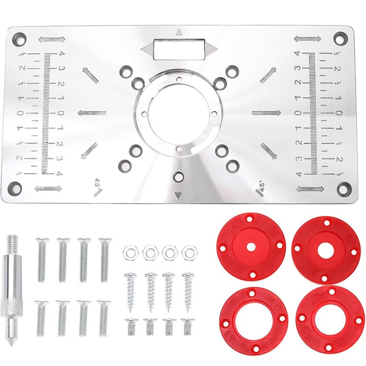 Placa inserare masa de frezat cu inele  Rqiurpn  aluminiu  Design cu scara de dimensiuni duble  pentru freze pentru prelucrarea lemnului  235x120x8 mm  Argintiu/Rosu