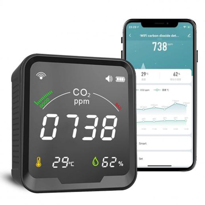 WiFi Smart Detector CO2  WALALLA  Monitor Calitate Aer Interior  Senzor Temperatura si Umiditate  Alarma Sonora  Baterie 2400mAh  APP Tuya Smart Life  Compatibil cu Alexa Google  pentru Casa Birou