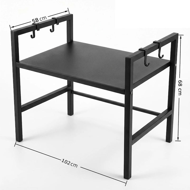 Suport pentru cuptorul cu microunde  LanpoVista  Suport pentru depozitare in bucatarie  Suport cu cadru metalic si 6 carlige  Lungime si inaltime reglabile: 42-64 cm x 36 cm x 32-42 cm  Negru