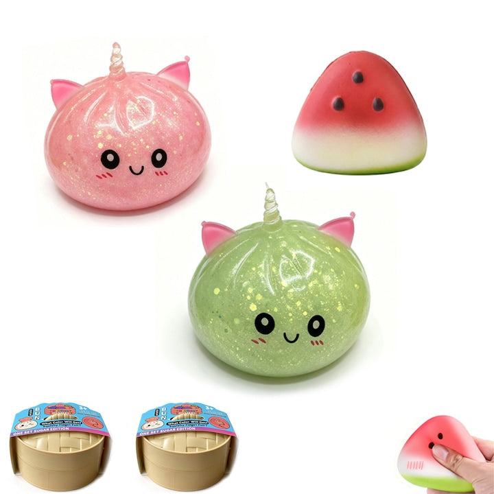 Set 3 Jucarii Antistres Squishy Galuste Dumpling Unicorn  2 Chifle Roz si Verde cu Sclipici + Felie Pepene  cu Cos de Abur  Revenire Lenta Senzoriala