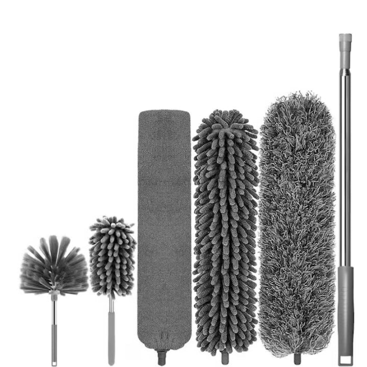 6-in-1 Duster Set, 5 Interchangeable Heads, Extendable Handle up to 280 cm for Hard-to-Reach Areas, Flexible Head for Cleaning Home, Ceiling, Windows, Furniture, Easy to Use/Clean, Grey