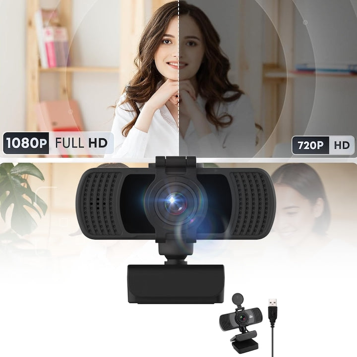 JFYU 2K Ultra-HD Webcam, Auto-Focus, Built-in Noise Reduction Microphone, 360° Rotation, 2560 x 1440 30fps Resolution, Automatic Color Correction, USB Connection, Privacy Feature, PC/Laptop Connectivity, Black