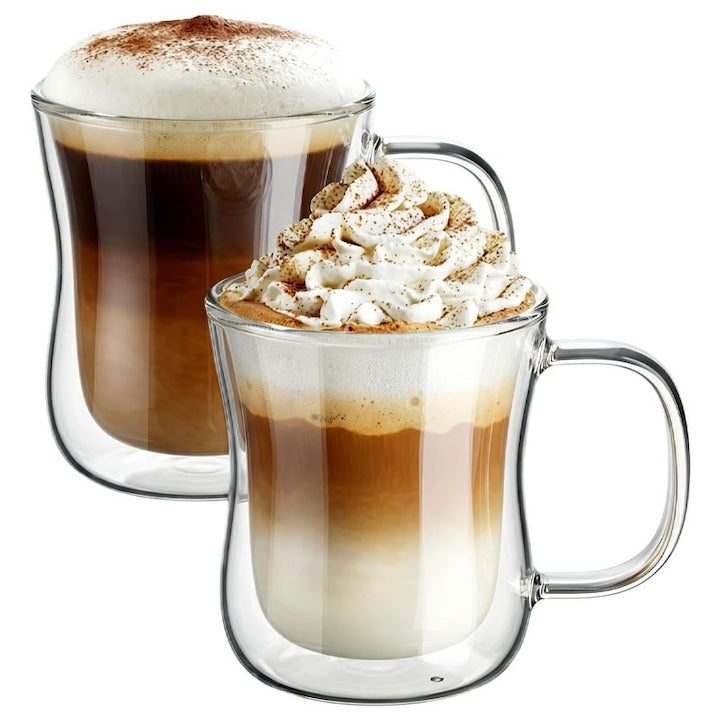 Set 2 Pahare Cu Pereti Dubli Maner  Omelivon  250 ml  Premium Termorezistenta  Design Modern  Cana Transparents Cafea  Cappuccino  Ceai  Sticla  Transparent