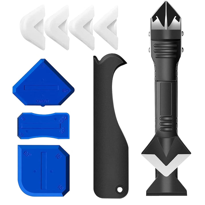 Axroad Mall Silicone Applicator and Scraper Set, 5 Interchangeable Heads, Ergonomic Handle, Robust and Durable, Easy to Clean, For Kitchen, Bathroom, Floor, Windows, ABS/Silicone, 39mmx185mm, Black/Blue