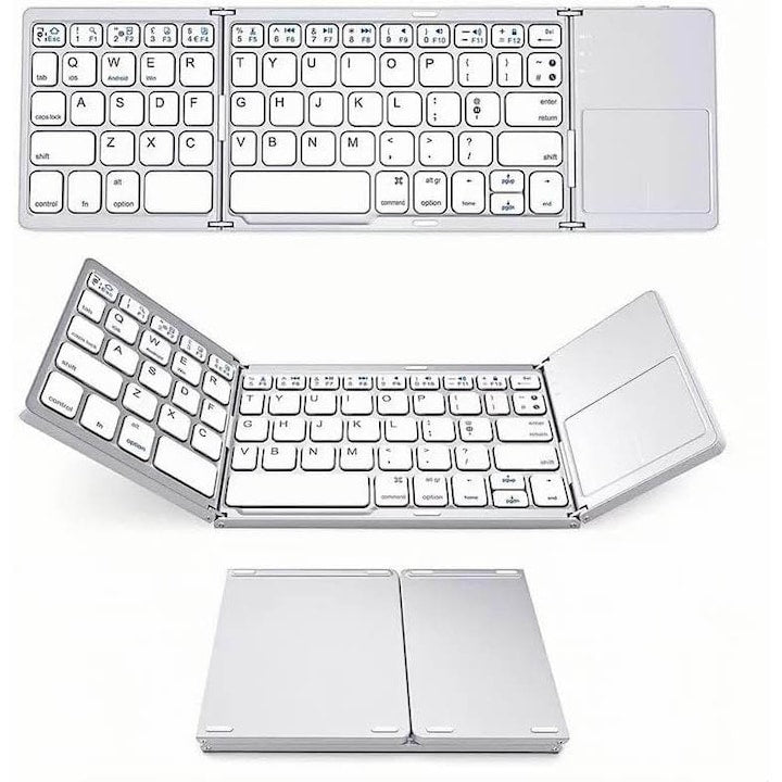 Tastatura Bluetooth pliabila cu touchpad  reincarcabila USB  3 conectari simultane  compatibila Android  iOS  Windows  Smart TV si PC  OUYLAF  Argintiu alb