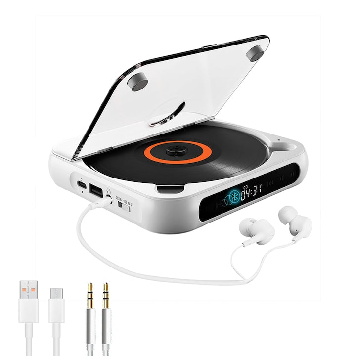 CD Player portabil  Bluetooth  cu casti  reincarcabil  ecran tactil LED  mod rezistent la soc  Bytelike  alb