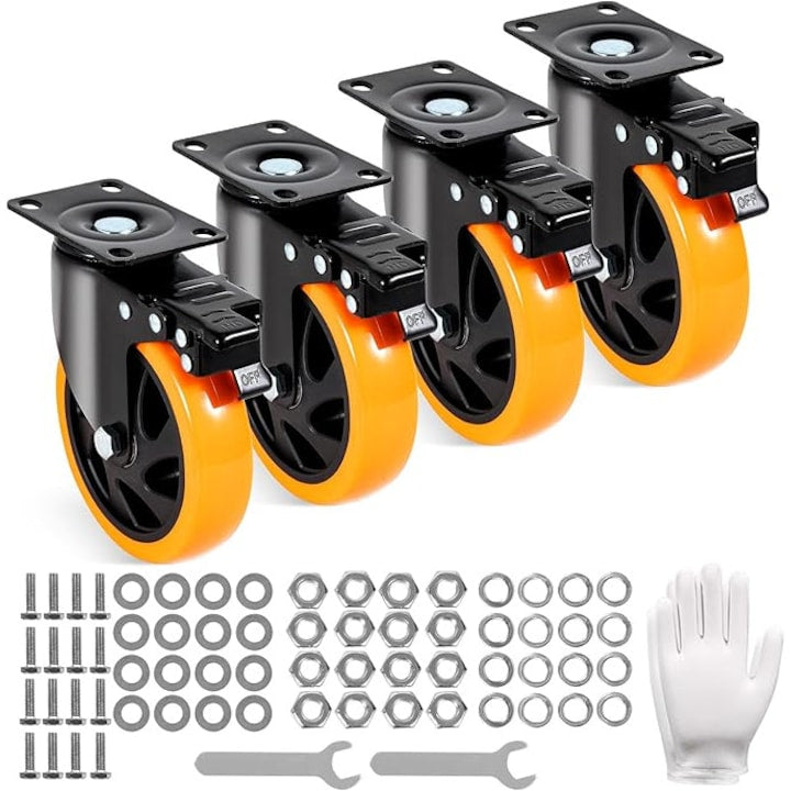 Set 4 Roti Pivotante Piduules  Capacitate Maxima 318 kg/Roata  Cauciuc Plin  6 Inch  Portocaliu/Negru
