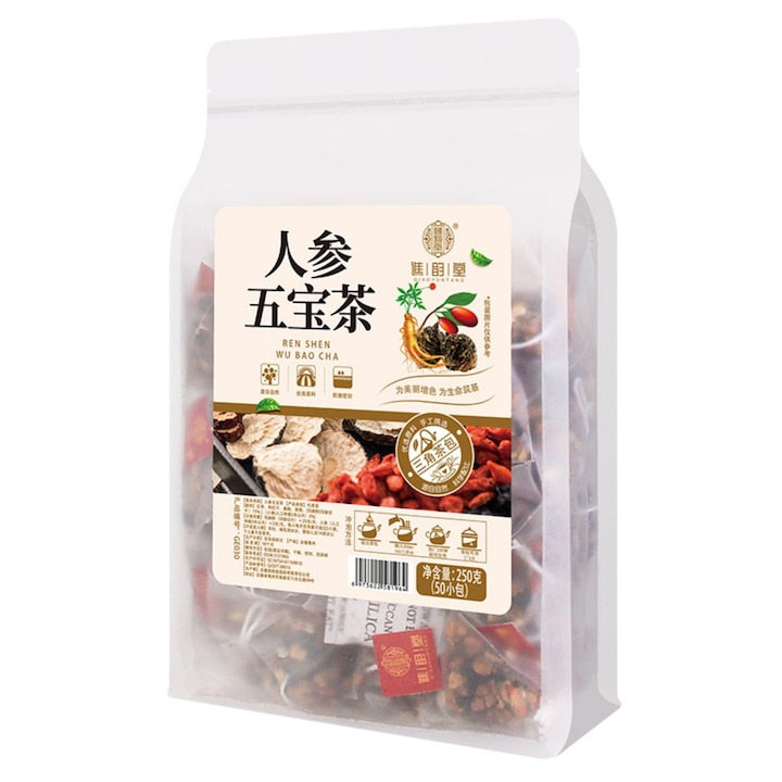 Ceai de plante New Formula Ginseng Five Treasures  ceai de plante cu fructe de Goji  dud si Polygonatum  8  81 oz (250 g  5 g x 50 de pliculete)  ambalat individual