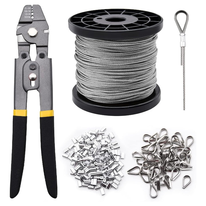 Set Scule Sertizare Cablu  Omelivon  2 IN 1Crimper & Cutter  50 PCS Dedale Din Otel Inoxidabil  200 Pcs Mansoane Din Aluminiu  100 m Cablu de Sarma Dins Otels Inoxidabils  pentru Balustrade  Terase si Agatarea Tablourilor  Negru/Albastru