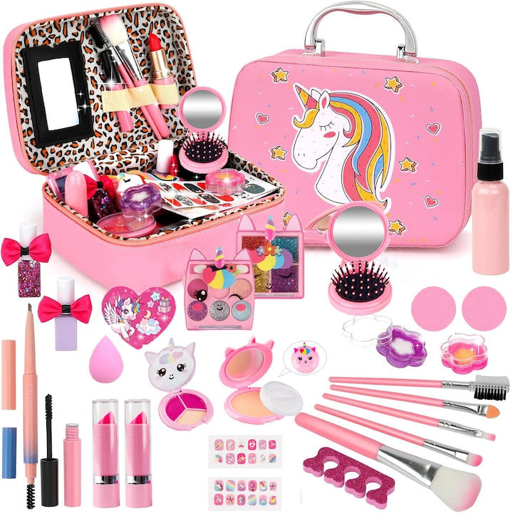 Trusa de machiaj pentru copii  Set Make-Up cu 27 de elemente pentru make-up  rujuri  farduri  oja  Unicorn  geanta cu maner pentru transport  pentru fetite de 3 4 5 6 7 8 9 ani  Cadouri de Craciun