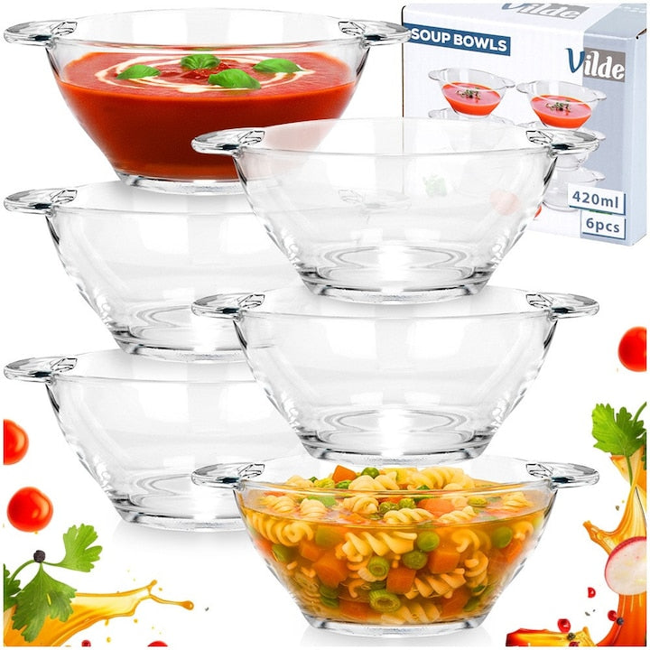 Set 6 Boluri De Supa  Vilde  420 ml  16.5x13x6 cm  Sticla  Manere Confortabile  Potrivite Pentru Masina De Spalat Vase  Utilizare Universala  Materiale De Inalta Calitate  Transparent