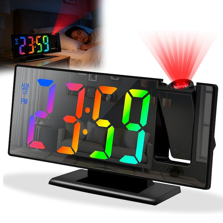 Ceas cu alarma de proiectie  7.8 "LED oglinda ceas digital ecran mare  cu proiector rotativ la 180°  Display Oglinda  lumina de noapte RGB  Dimmer luminozitate 3 niveluri  Proiectie Laser Ora Perete/Tavan  Negru