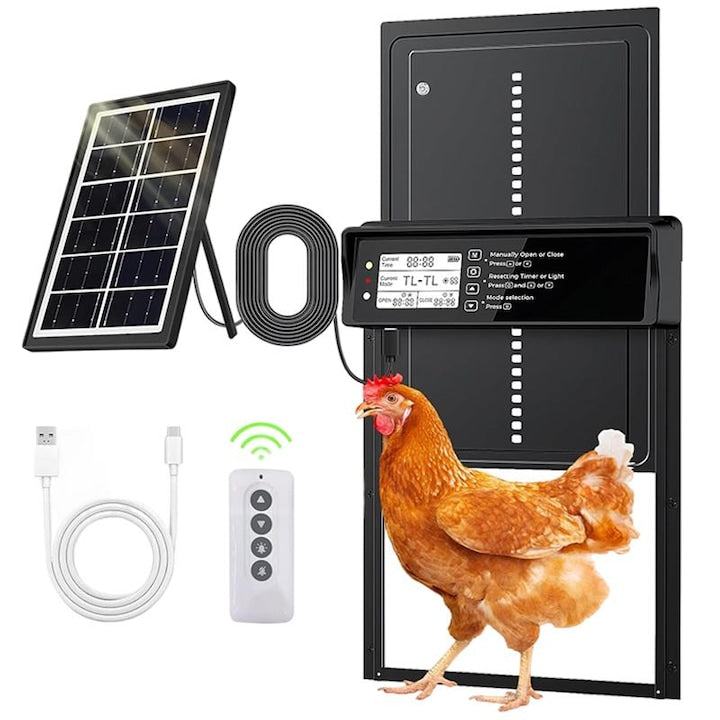 Usa automata pentru cotet pasari  Omelivon  Energie solara  4 moduri  Cu senzor de lumina si temporizator  Ecran LCD programabil  Inchidere automata rasarit-apus  Din aluminiu  2000mAh  Negru