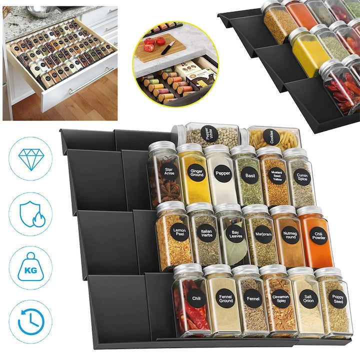 Spice Rack and Spice Organizer, Plastic Drawer Spice Rack for Kitchen, 3-Tier Slanted Storage, Adjustable Spice Jar Tray for Cabinet Storage