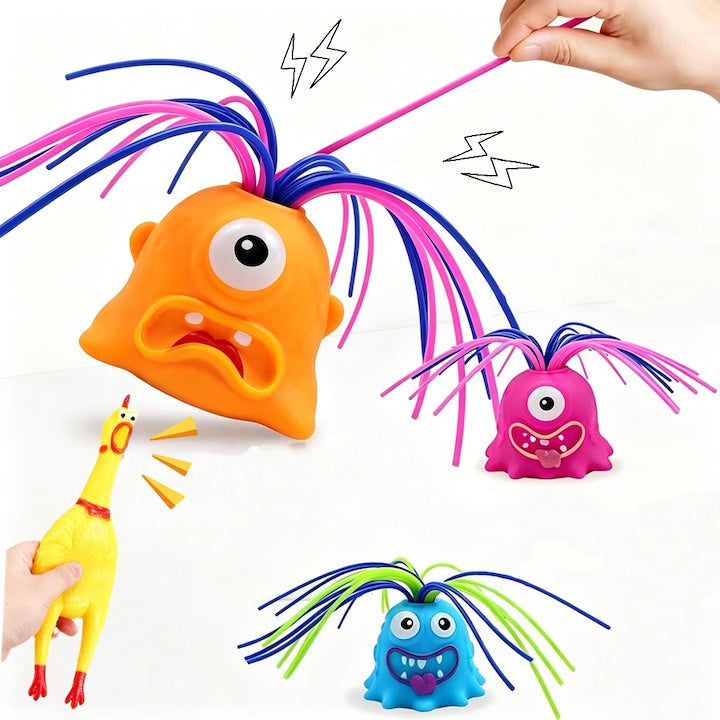 Set 4 Jucarii Interactive Antistres – 3 Monstri cu Par Tragabil  Lumini si Sunete (Portocaliu  Albastru  Roz) + Pui Squishy care Tipa  Cadou pentru Copii