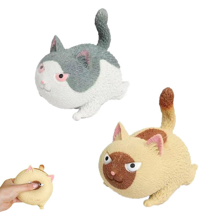 Set 2 Jucarii Squishy Pisici Antistres – Pisica Gri-Alb + Pisica Galbena  9.5 cm  Expresie Furioasa  Moale si Compresibila  pentru Copii si Adulti