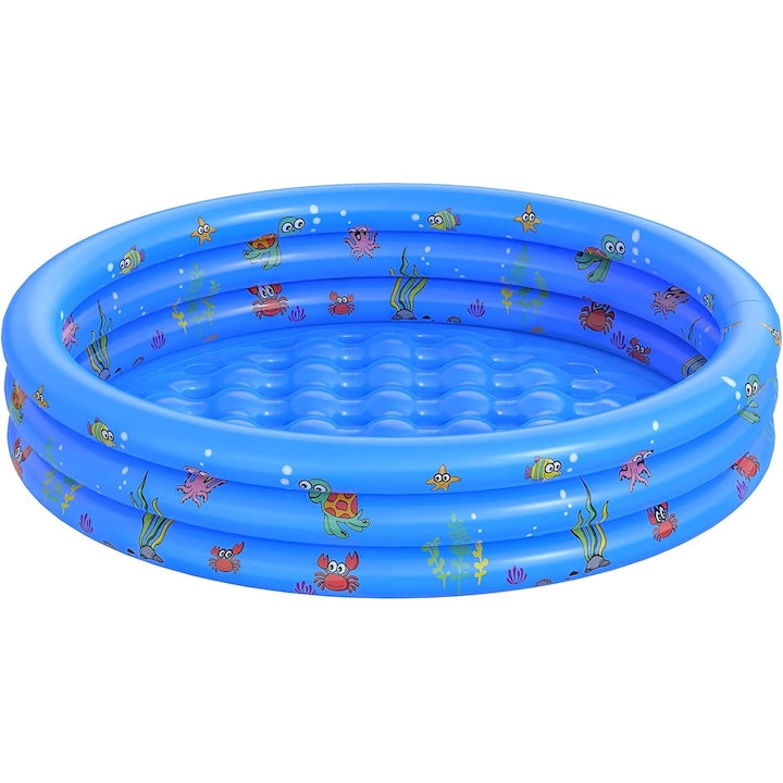 Piscina Gonflabila Pentru Copii De Exterior / Gradina  Baza Podea Moale Gonflabila  Dimensiuni 130 x 35 cm  Rotunda  3 Inele Gonflabile  Instalare Rapida  perete gros  3+ Ani  Albastru