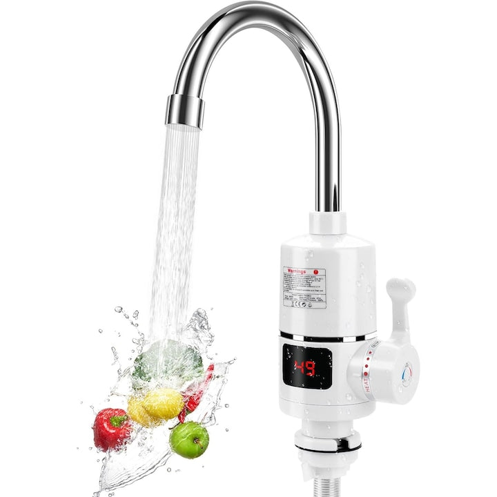 Robinet electric de apa calda instant  Putere 3000W  40-60°C  2 l/min  montare pe chiuveta  Afisaj LCD Al Temperaturii  Alb