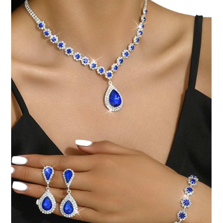 Fantasy - Trio de bijuterii pentru femei  colier  bratara si cercei  pandantiv lacrima  S925 argint  Pietre de stras  Elegant  Nunta  Cina  Banchet  nobil  Petrecere tematica  Strasuri  Lant cu gheare in forma de flori  placate electro  Albastru