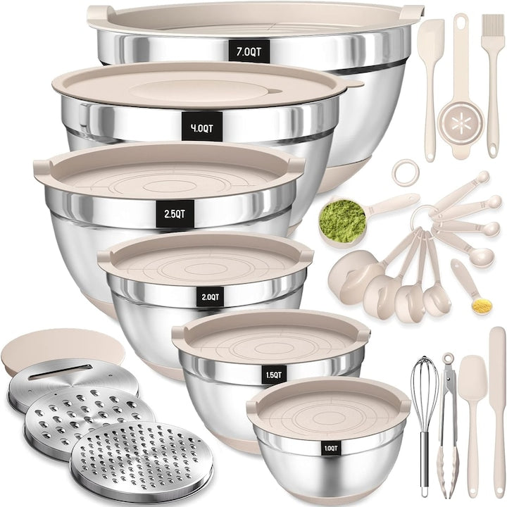 Set De 6 Boluri Terlulu Pentru Amestecare  Boluri Din Otel Inoxidabil  Boluri Pentru Salata Cu Capace Etanse Si Baze Din Silicon  3 Accesorii Pentru Razatoare  Set De Boluri Pentru Copt/Servire  6  6 L/3  8 L/2  4 L/1  9 L/1  4 L/0  6 L - Kaki