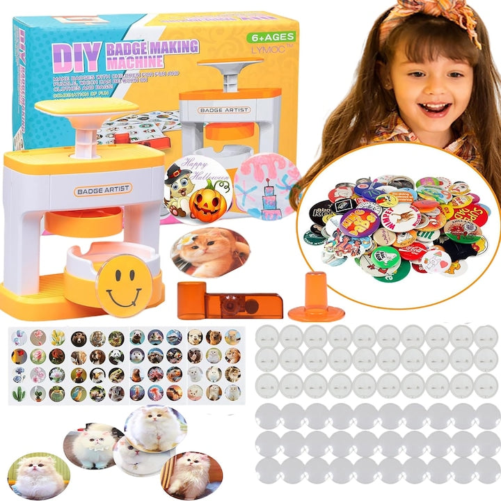 Set Presa pentru Insigne  ABS  cu 48 piese Butoane  Taietor pentru Modele si Cercuri  Jucarie Creativa DIY  Cadou pentru Copii  Persoane Creative  Profesori  Organizatori de Evenimente  Pasionati de Mestesuguri  Galben