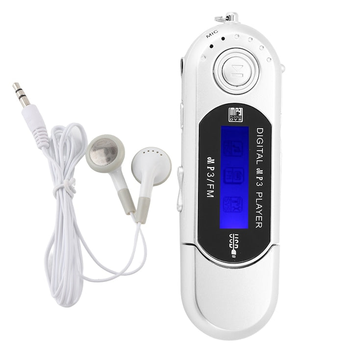 Player MP3 portabil  argintiu  dimensiuni 95x26x16mm  suporta card micro SD pana la 32GB  cu radio FM