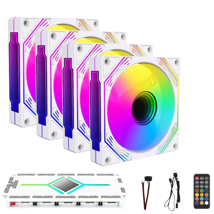 4-Piece Computer Fan Set, Main Fan Blade, Controller with 12 ARGB Interface Groups and 10 PWM Interface Groups, SATA, Controller and Remote Control, 4-pin Connector, Cooling