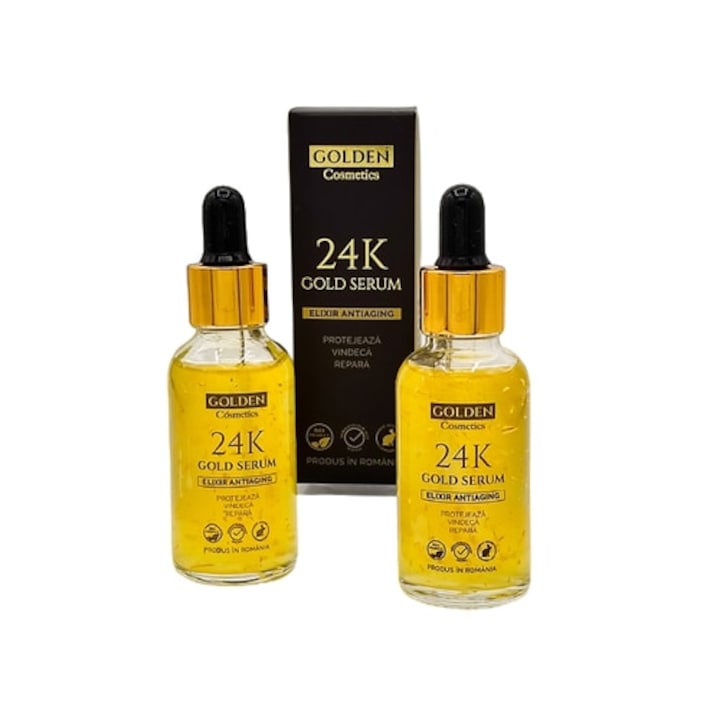 Set 2 Sticle de Ser Antirid cu Aur 24K si Acid Hialuronic  Serum pentru fata anti-rid si anti-imbatranire  30 ml/buc  Golden Cosmetics