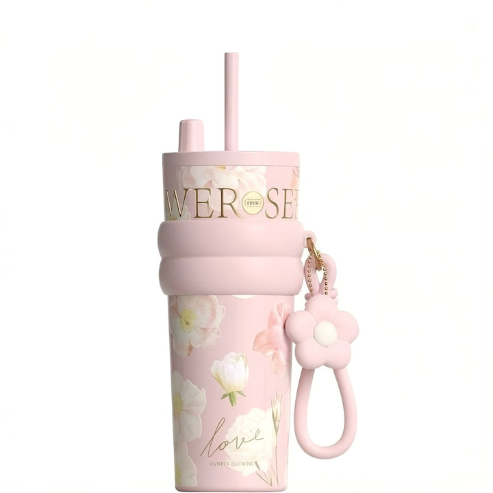 Portable Thermal Mug Thermo Mug with Straw 316 Stainless Steel 700ml Vacuum Insulation Handle and Leak-Proof Large Capacity Intense Pink Floral Design