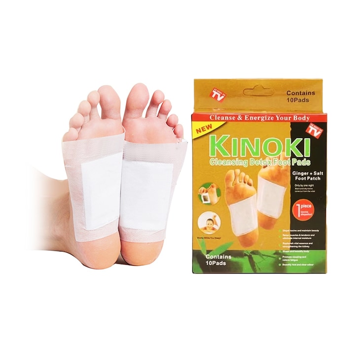 Set 50 plasturi detoxifianti Kinoki pentru talpi  cu ghimbir si sare  ingrediente naturale  utilizare noaptea  12x10cm  auriu