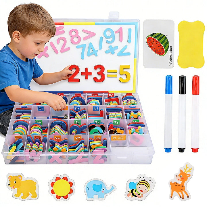 246-piece set with magnetic alphabet letters and numbers, 1 double-sided magnetic board and storage box, educational toys for children aged 3, 4, 5, 6, 7 years