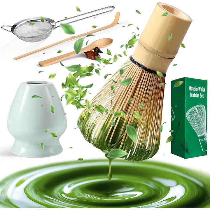 Set de Ceai Matcha  Swejah 6 Bucati  Bambus/Ceramica  Tel de Bambus  Suport Ceramic pentru Tel  Lingura  Sita Din Otel Inoxidabil  Decoratiune pentru Bucatarie  Cadou pentru Iubitorii de Ceai  Verde