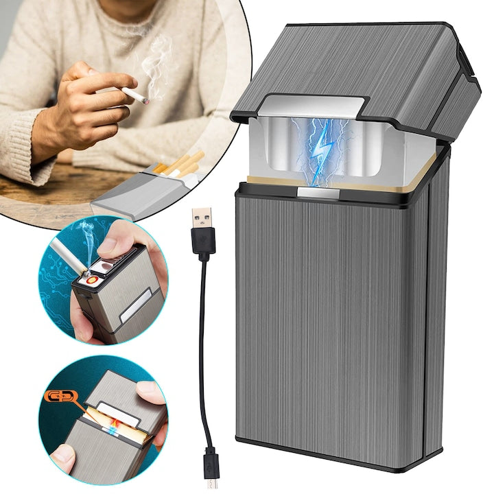 20-Capacity Cigarette Case with Tungsten Coil Lighter, Flameless Rechargeable Electric Lighter, Windproof, Makeup Mirror, Cigarette Smoking Accessories