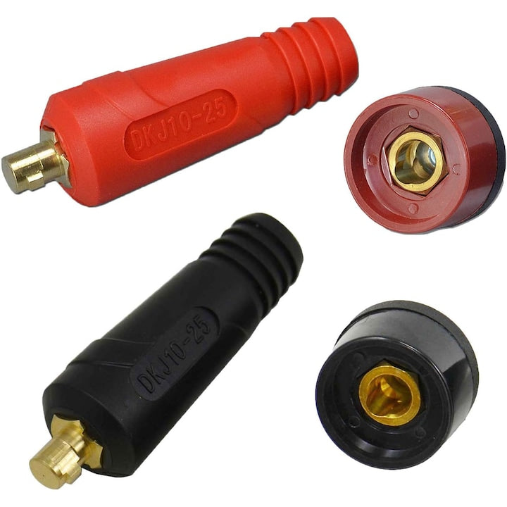 Set of 2 welding cable connectors, male cable and female panel connectors, DKJ10-25, Black/Red (set of 4 pcs)