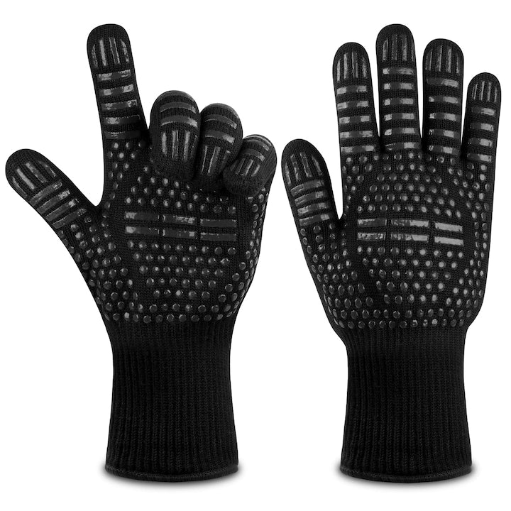 Set 2 Manusi termorezistente pentru gratar si bucatarie  Protectie termica antialunecare  Marime universala  Silicon  33cm  Negru