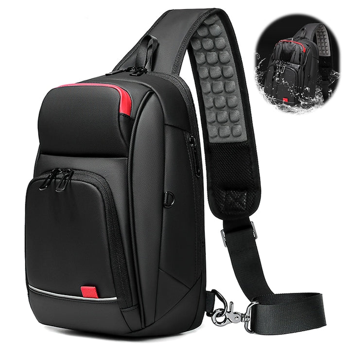 Tressino - Shoulder, Chest, or Hand Bag with USB Charging Port, Extended Pressure-Relief Shoulder Strap, Waterproof, Scratch-Resistant, Breathable, PVC Material, 18x11x29CM, Black, 12 interest-free installments