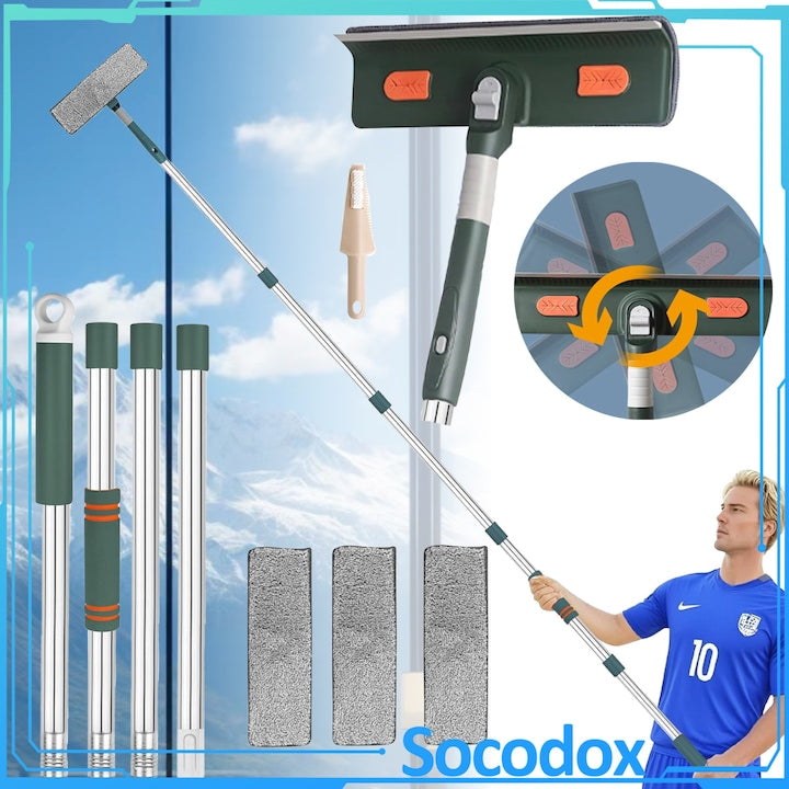 Stergator de geamuri telescopic  Socodox  2 in 1  Design Ergonomic  Usor de Utilizat  Rotativ la 180°  Ajustabil  72-172cm  cu 3 lavete din microfibra  racleta pentru geamuri  Usor de Utilizat  pentru geamuri  gresie  faianta sau podea  Verde