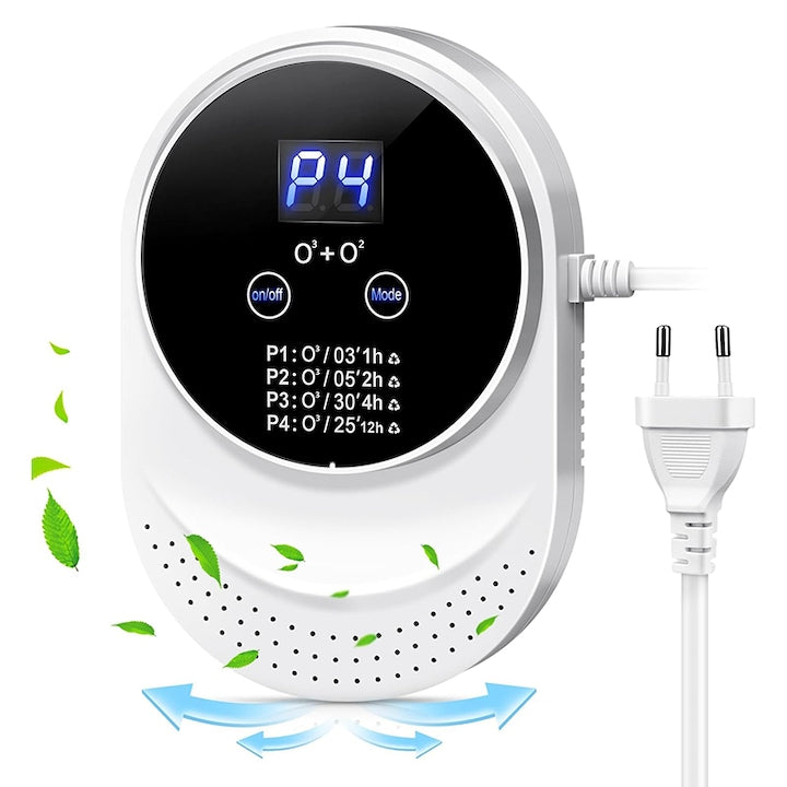 Purificator de aer Ozon  Omelivon  5W  150mg/h  Eliminare mirosuri animale  tutun  gatit  Stirilizare bacterii  virusi  Pentru suprafete de 5-30 mp  99.99% eficienta  4 moduri functionare  LCD  Mini generator de ozon purificator de aer  Portabil  Alb