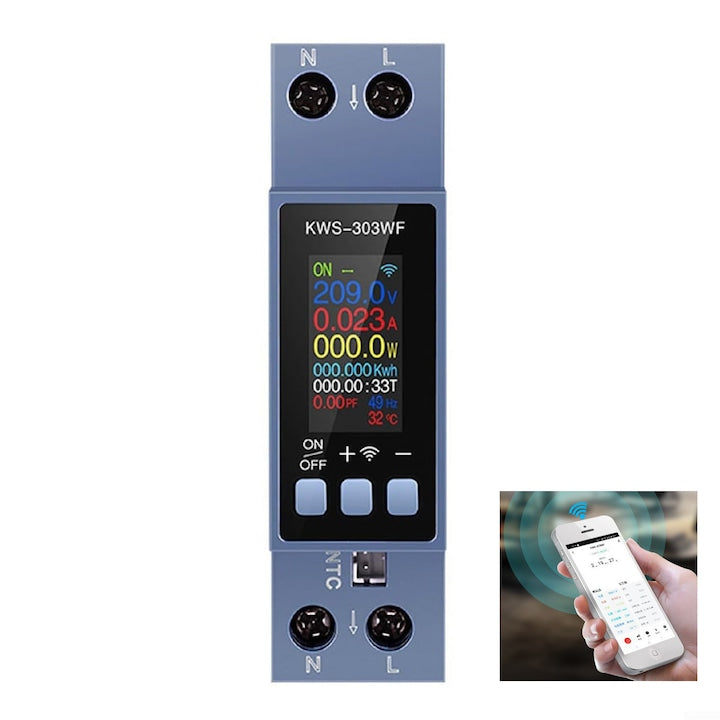Siguranta Smart 1P+N  WiFi cu control la distanta prin TUYA  Releu monofazic WIFI  ecran color TFT  63A  230V  masurare si monitorizare putere  protectie la supratensiune  sub tensiune si supracurent  OUYLAF  Gri