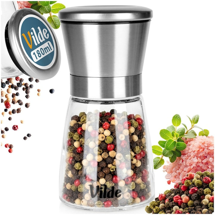 Rasnita Manuala Pentru Sare Si Piper  Vilde  1 Bucata  180 ml  13.5x7 cm  Transparent Si Negru  Sticla Si Otel Inoxidabil  Mecanism Ceramic Reglabil  Recipient Condimente  Calitate