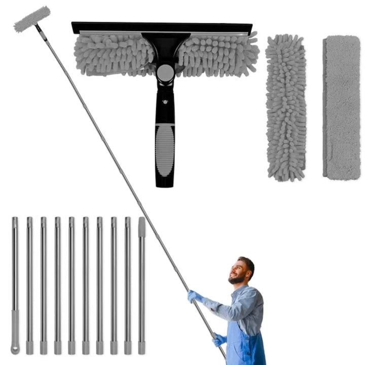 Professional Window Cleaning Set Simply Joy, 2-in-1 Window Squeegee, 4.3 m Telescopic Handle, 180° Rotating, Window Scraper, Microfiber Cloth, Chenille Cloth, Streak-Free Cleaning, Gray
