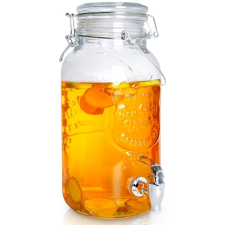 Dozator De Bauturi Din Sticla Grosiera Cu Robinet Si Capac Etans  Vilde  4 l  Transparent  Ideal Pentru Limonada  Suc Si Apa Cu Fructe In Zilele Calde  Inchidere Ermetica Pe Clips Anti-Insecte  Utilizare Confortabila In Gradina La Petreceri