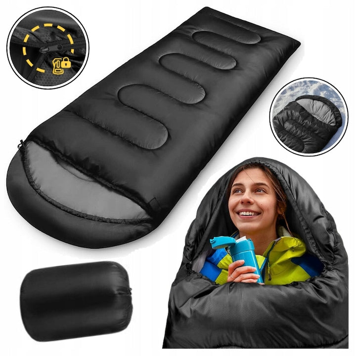 Sac de dormit tip mumie  YOUKUKE®  Mountain Goat  3/4 sezoane  210*75cm  Rezistent la frig si apa  ideal pentru camping  drumetii si calatorii  gluga cu cordon  interval larg de temperatura  Negru