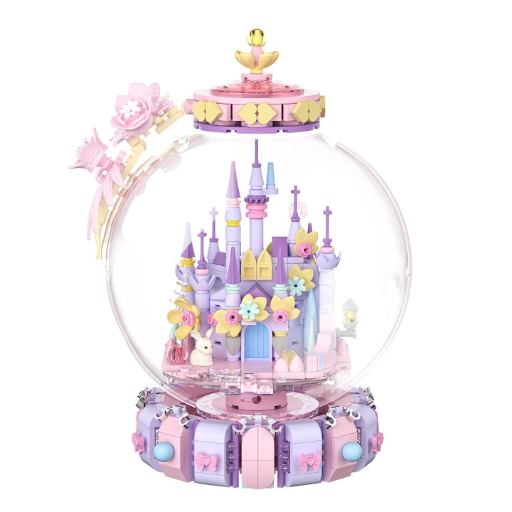 Set de Constructie Castel Rotativ cu Bila de Cristal Blocuri Creative 713 Piese  13x12x17 cm  Roz-Mov  Cadou pentru Fete