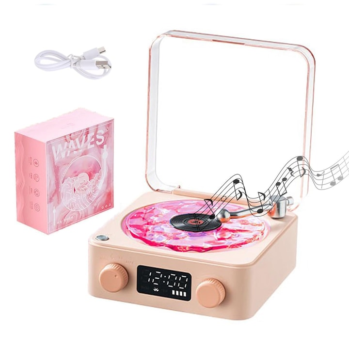 Difuzor Bluetooth imersiv in stil Ocean Wave  aspect vintage de aparat de discuri de vinil  iluminare ambientala reglabila RGB  reincarcabila  portabila  WALALLA  Roz